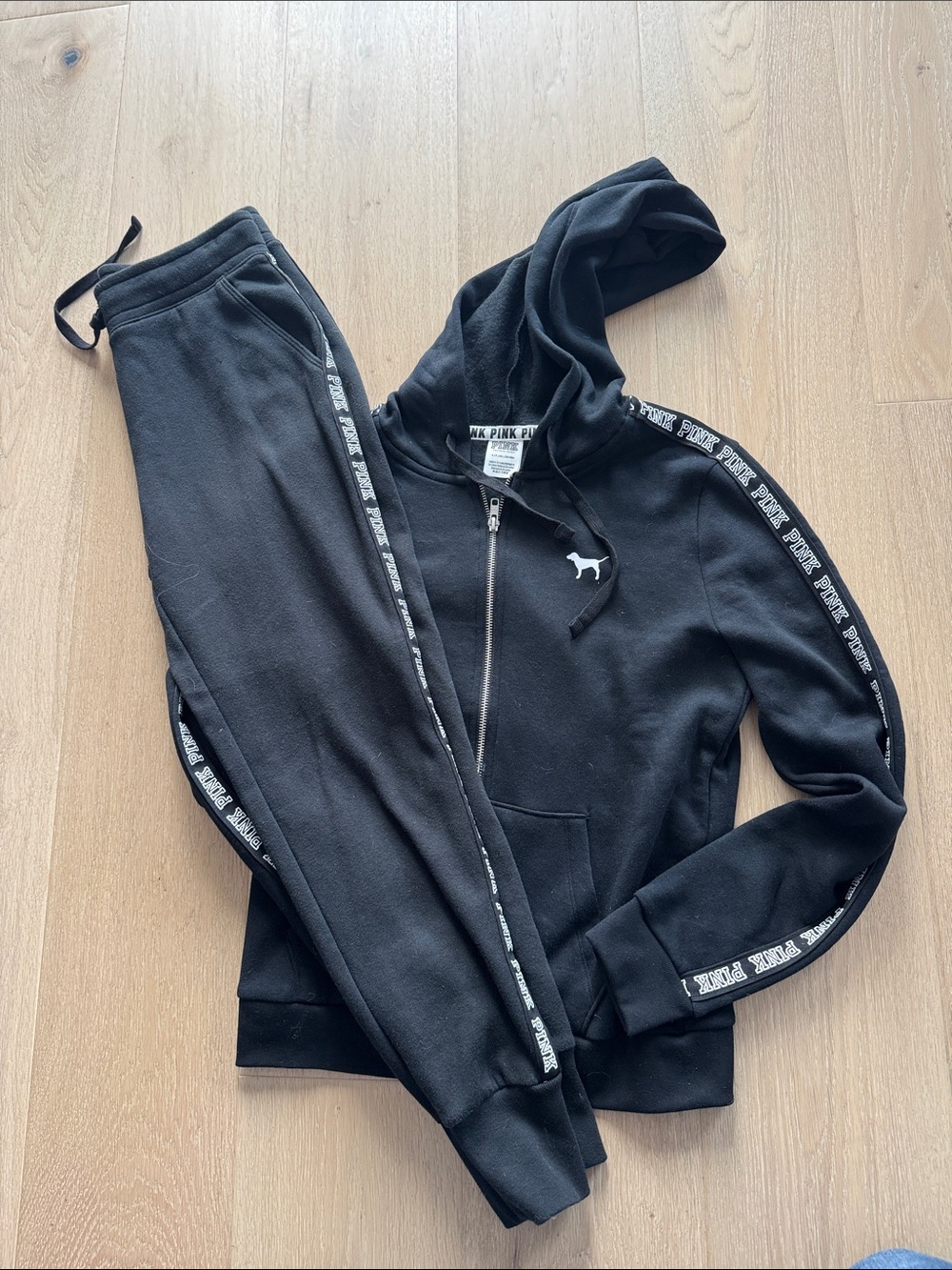 PINK Victoria's Secret Black Logo Zip Hoodie & Black Joggers Set size small